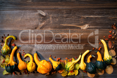 Autumn Pumpkin Decoration, Wooden Background With Copy Space
