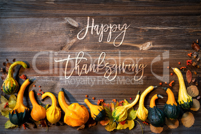 Autumn Pumpkin Decoration, Text Happy Thanksgiving, Wooden Background