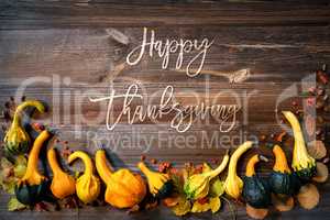 Autumn Pumpkin Decoration, Text Happy Thanksgiving, Wooden Background