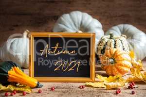 Autumn Pumpkin Decoration, Text Autumn 2021, Golden Frame