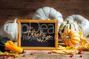 Autumn Pumpkin Decoration, Text Give Thanks, Golden Frame