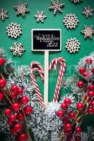 Fir Branch, Christmas Decoration, Sign, Glueckliches 2022 Means Happy 2022