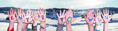 Children Hands Building Word Enter To Win, Snowy Winter Background