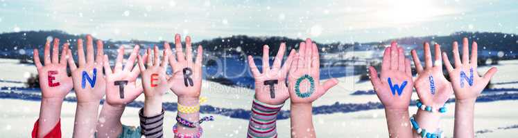 Children Hands Building Word Enter To Win, Snowy Winter Background