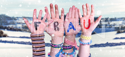 Children Hands Building Word Frau Means Woman, Snowy Winter Background