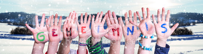 Children Hands Building Word Geheimnis Means Secret, Snowy Winter Background