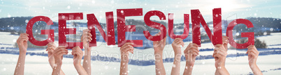 People Hands Holding Word Genesung Means Recovery, Snowy Winter Background