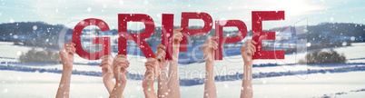 People Hands Holding Word Grippe Means Flu, Snowy Winter Background