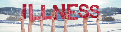 People Hands Holding Word Illness, Snowy Winter Background