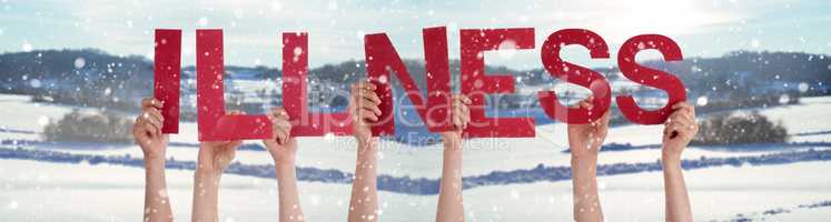 People Hands Holding Word Illness, Snowy Winter Background