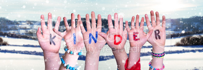 Children Hands Building Word Kinder Means Kids, Snowy Winter Background