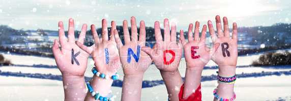 Children Hands Building Word Kinder Means Kids, Snowy Winter Background