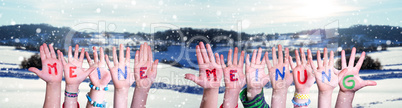 Children Hands Building Word Meine Meinung Means My Opinion, Winter Background