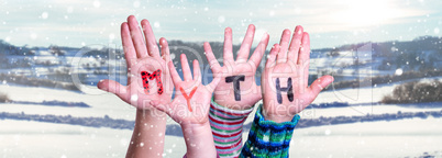 Kids Hands Holding Word Myth, Snowy Winter Background