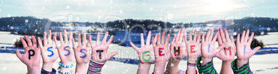 Children Hands Building Word Pssst Geheim Means Pssst Secret, Winter Background