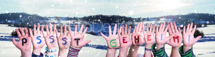 Children Hands Building Word Pssst Geheim Means Pssst Secret, Winter Background