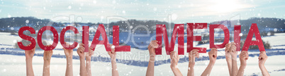 People Hands Holding Word Social Media, Snowy Winter Background