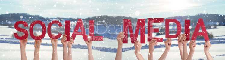 People Hands Holding Word Social Media, Snowy Winter Background