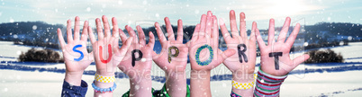 Children Hands Building Word Support, Snowy Winter Background