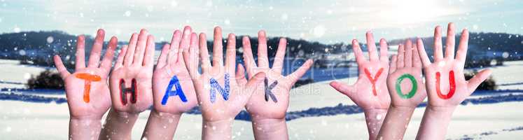 Many Children Hands Building Word Thank You, Snowy Winter Background