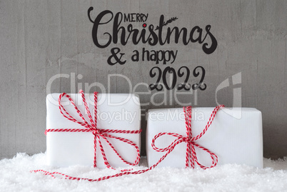 Two White Gifts, Snow, Cement, Merry Christmas And A Happy 2022