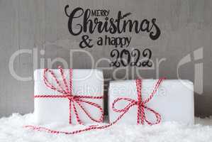 Two White Gifts, Snow, Cement, Merry Christmas And A Happy 2022