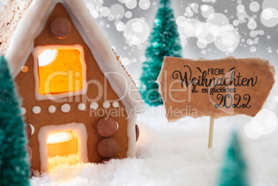 Gingerbread House, Snow, Glueckliches 2022 Means Happy 2022, Silver Background