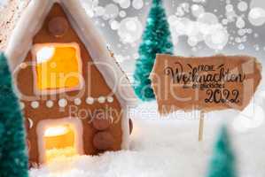 Gingerbread House, Snow, Glueckliches 2022 Means Happy 2022, Silver Background