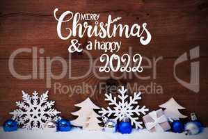 Christmas Tree, Blue Ball, Snow, Merry Christmas And Happy 2022