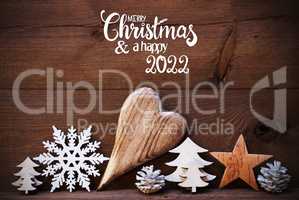 Wooden Christmas Decoration, Heart, Merry Christmas And Happy 2022