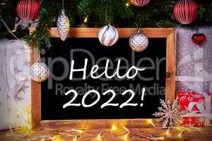 Chalkboard, Tree, Gift, Fairy Lights, Text Hello 2022