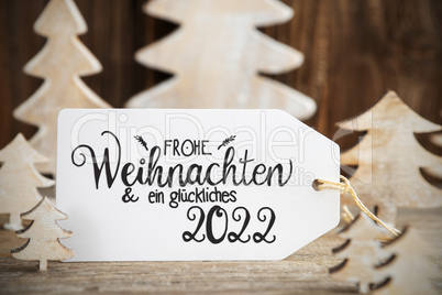 White Christmas Tree, Label, Glueckliches 2022 Means Happy 2022