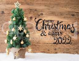 Christmas Tree, Wooden Background, Snow, Merry Christmas And A Happy 2022
