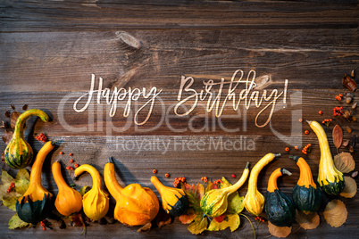 Autumn Pumpkin Decoration, Text Happy Birthday, Wooden Background