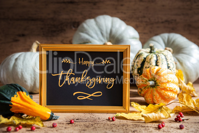 Autumn Pumpkin Decoration, Text Happy Thanksgiving Day, Golden Frame