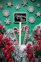 Fir Branch, Christmas Decoration, Sign, Merry Christmas And Happy 2022