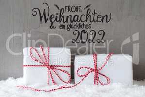 Two White Gifts, Snow, Cement, Glueckliches 2022 Means Happy 2022