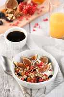Breakfast. Muesli with oatmeal, figs and dried fruits