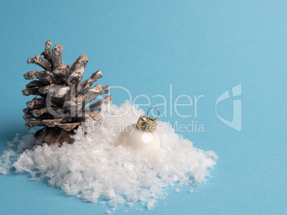Pine cone with snow on a blue background