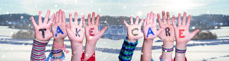 Children Hands Building Word Take Care, Snowy Winter Background
