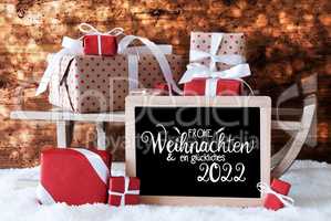 Sleigh, Gift, Snow, Bokeh, Glueckliches 2022 Means Happy 2022