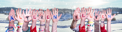 Kids Hands Holding Word Aelteren Helfen Means Help Elderly, Winter Background