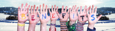 Children Hands Building Word Benefits, Snowy Winter Background