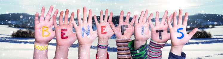 Children Hands Building Word Benefits, Snowy Winter Background