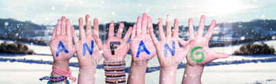Children Hands Building Word Anfang Means Beginning, Snowy Winter Background