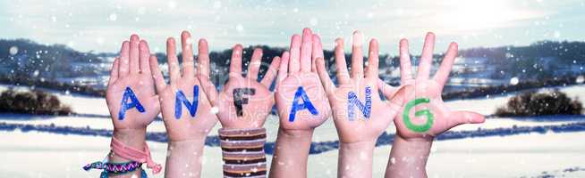 Children Hands Building Word Anfang Means Beginning, Snowy Winter Background