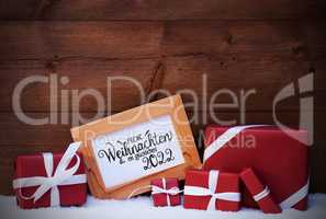 Frame, Red Gift, Snow, Glueckliches 2022 Means Happy 2022