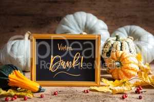 Autumn Pumpkin Decoration, Text Vielen Dank Means Thank You, Golden Frame