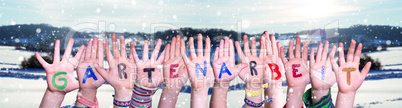 Children Hands Building Word Gartenarbeit Means Gardening, Winter Background