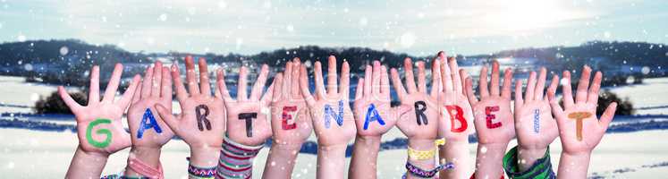 Children Hands Building Word Gartenarbeit Means Gardening, Winter Background